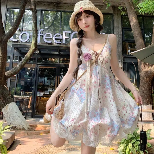 兰缪 甜妹可爱出游度假风碎花裙海边拍照出边晕染裙子高级设计感小个子可穿蓬蓬裙吊带连衣裙 女款