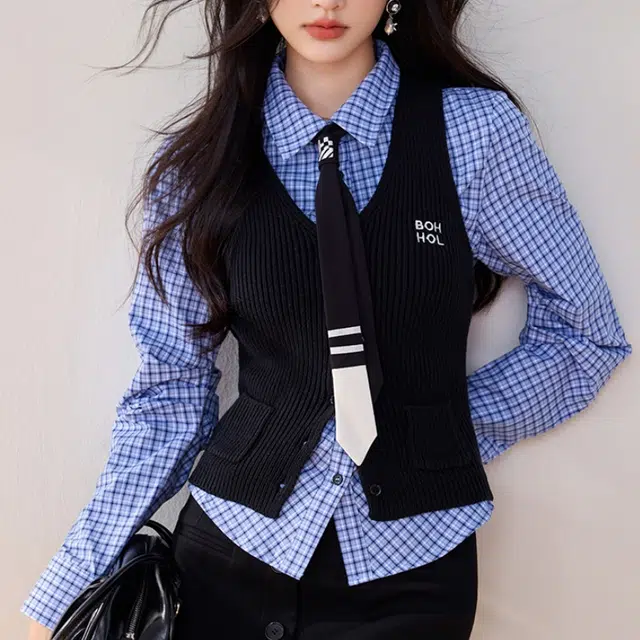 兰缪 设计感时尚气质收腰修身针织衬衫套装背心 女款