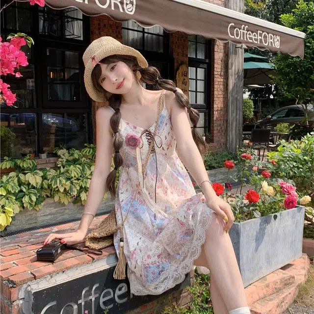 兰缪 甜妹可爱出游度假风碎花裙海边拍照出边晕染裙子高级设计感小个子可穿蓬蓬裙吊带连衣裙 女款