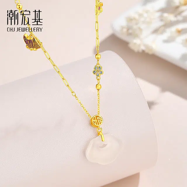 潮宏基 如意蝴蝶锁骨链 新中式国风 森系唯美可爱小清新 珐琅彩独特设计 宝藏精品#好运天然 玉髓 项链 女款