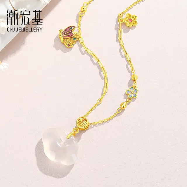 潮宏基 如意蝴蝶锁骨链 新中式国风 森系唯美可爱小清新 珐琅彩独特设计 宝藏精品#好运天然 玉髓 项链 女款