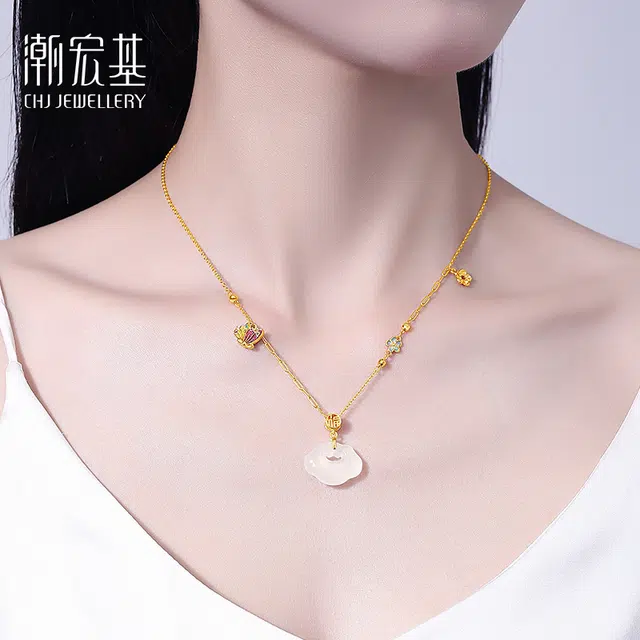 潮宏基 如意蝴蝶锁骨链 新中式国风 森系唯美可爱小清新 珐琅彩独特设计 宝藏精品#好运天然 玉髓 项链 女款