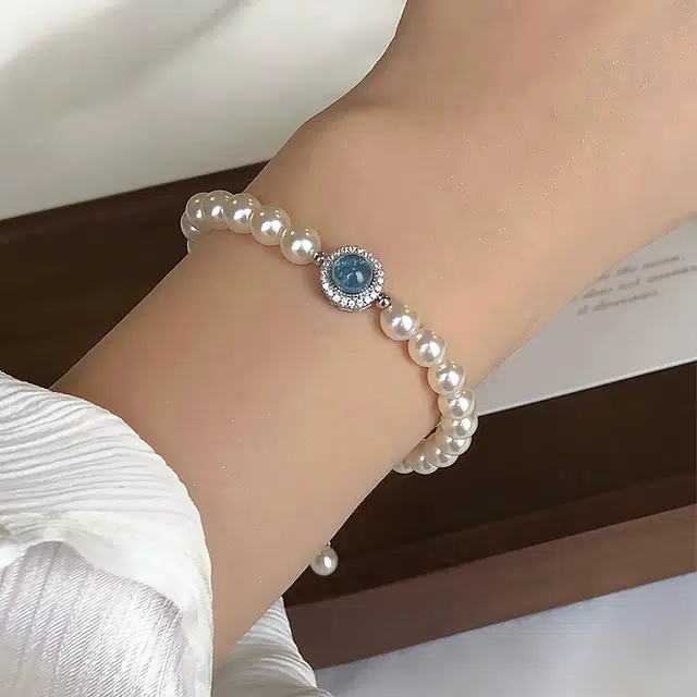 潮宏基 蓝色星辰海蓝宝 轻奢法式优雅气质时尚手饰 简约百搭高级感 女友闺蜜姐妹生日 淡水珍珠 手链 女款
