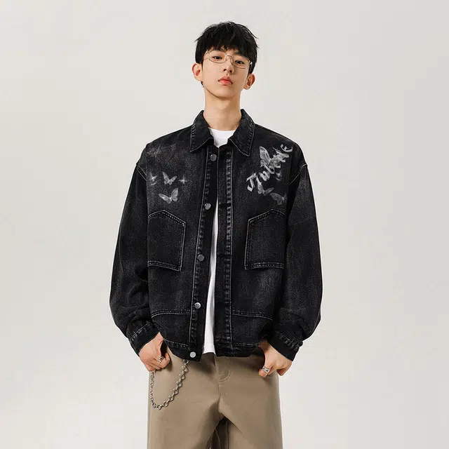 金贝勒 美式高街模糊蝴蝶字母印花水洗做旧痞帅潮流单排扣翻领慵懒学院宽松休闲百搭牛仔外套 男女同款