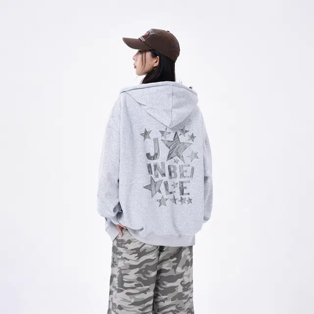 金贝勒 运动百搭休闲星星字母印花宽松落肩开衫拉链连帽卫衣 男女同款