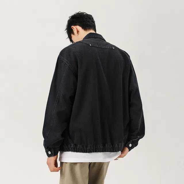 金贝勒 美式高街手绘仿毛巾绣卡通小标字母印花水洗做旧痞帅秋装上衣潮流单排扣翻领慵懒学院宽松休闲百搭牛仔外套 男女同款