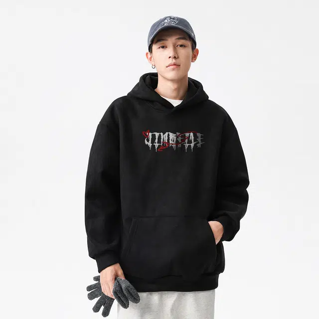 金贝勒 加绒加厚美式字母印花连帽宽松落肩套头休闲百搭长袖卫衣 男女同款