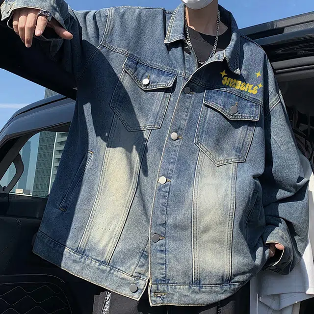 金贝勒 美式高街复古时尚嘻哈街头水洗做旧翻领单排扣夹克多口袋设计慵懒百搭宽松工装牛仔外套 男女同款