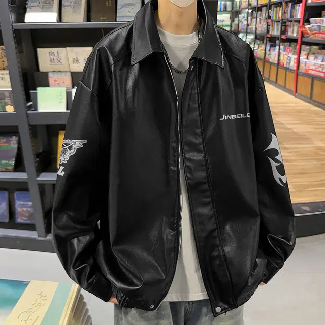 金贝勒 美式复古高街字母印花潮牌时尚机车翻领港味宽松休闲百搭痞帅工装皮衣 男女同款