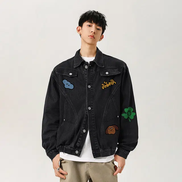 金贝勒 美式高街手绘仿毛巾绣卡通小标字母印花水洗做旧痞帅秋装上衣潮流单排扣翻领慵懒学院宽松休闲百搭牛仔外套 男女同款