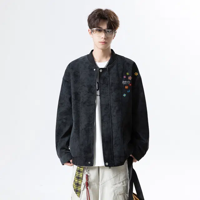 金贝勒 美式高街扎染复古设计感手绘仿刺绣小花字母印花棒球领外套潮流帅气秋装上衣基础款百搭拉链皮衣 男女同款