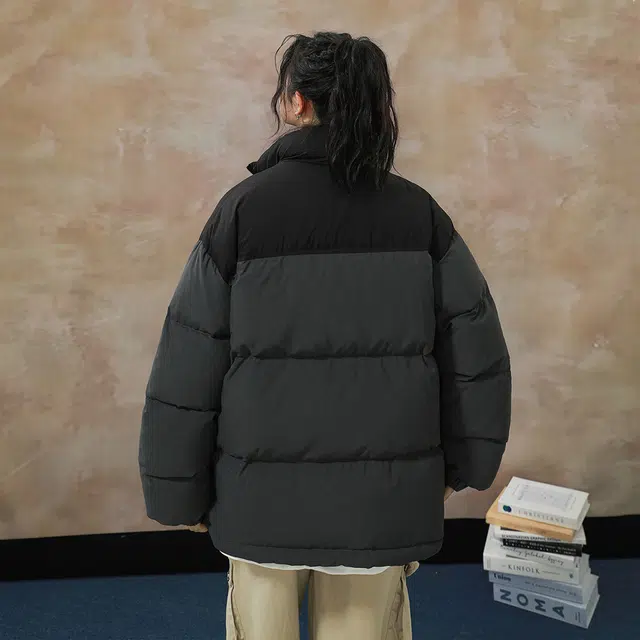 金贝勒 简约字母印花拼色立领防风加厚保暖宽松休闲百搭羽绒服 男女同款