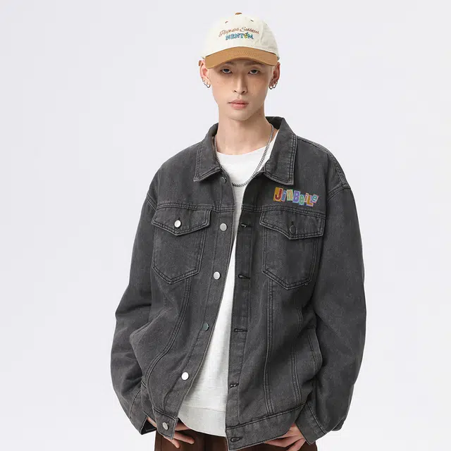 金贝勒 美式高街复古水洗做旧彩色字母印花慵懒学院风潮流痞帅无性别主义宽松休闲百搭牛仔外套 男女同款