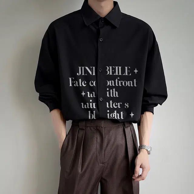 金贝勒 美式高街字母印花基础款简约纯色潮流时尚翻领衬衣经典无性别主义学院风长袖衬衫 男女同款