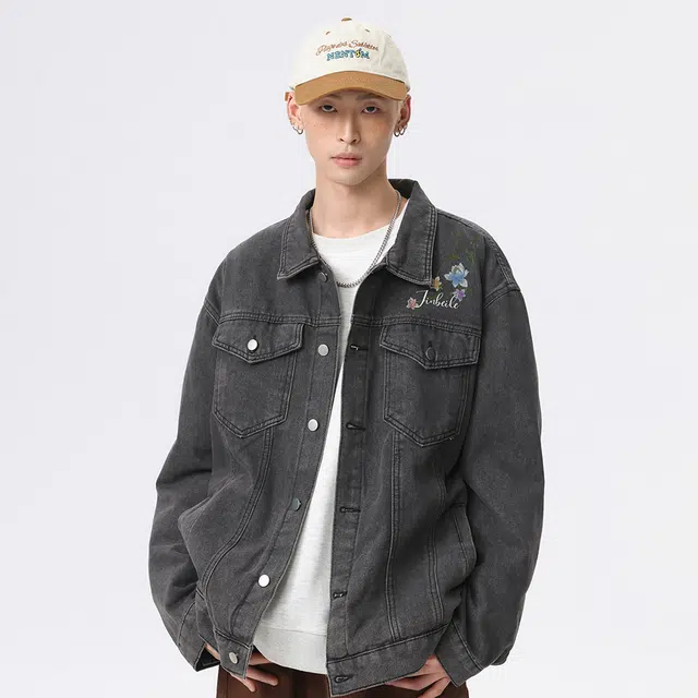 金贝勒 美式高街复古水洗做旧手绘植物花卉字母印花慵懒学院风潮流痞帅无性别主义宽松休闲百搭牛仔外套 男女同款