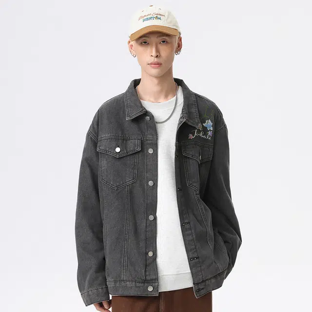 金贝勒 美式高街复古水洗做旧手绘植物花卉字母印花慵懒学院风潮流痞帅无性别主义宽松休闲百搭牛仔外套 男女同款