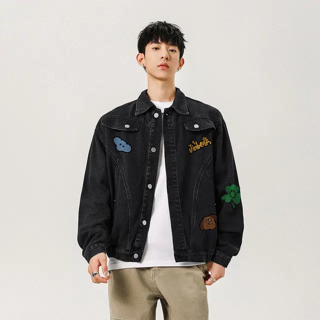 金贝勒 美式高街手绘仿毛巾绣卡通小标字母印花水洗做旧痞帅秋装上衣潮流单排扣翻领慵懒学院宽松休闲百搭牛仔外套 男女同款