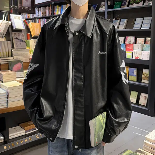 金贝勒 美式复古高街字母印花潮牌时尚机车翻领港味宽松休闲百搭痞帅工装皮衣 男女同款