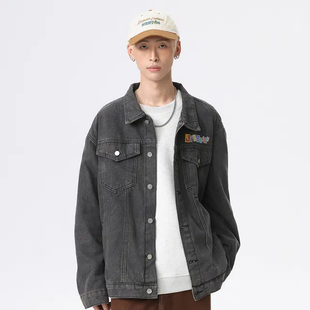 金贝勒 美式高街复古水洗做旧彩色字母印花慵懒学院风潮流痞帅无性别主义宽松休闲百搭牛仔外套 男女同款