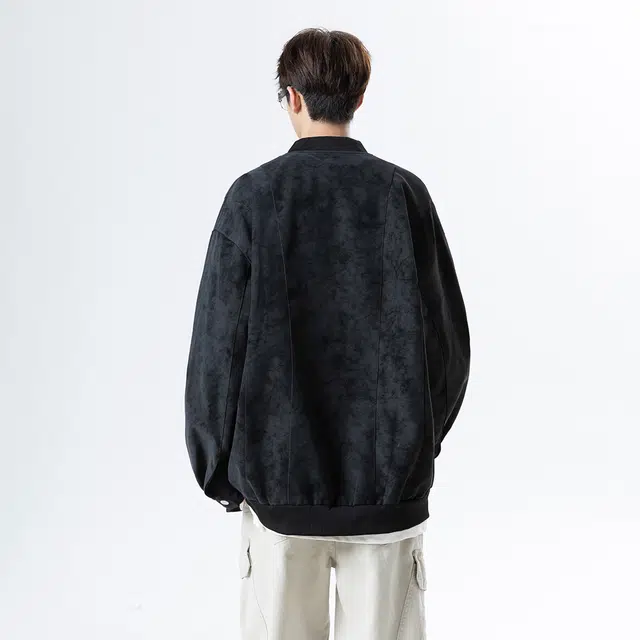 金贝勒 美式高街扎染复古设计感手绘仿刺绣小花字母印花棒球领外套潮流帅气秋装上衣基础款百搭拉链皮衣 男女同款