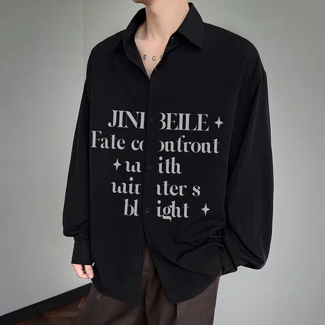 金贝勒 美式高街字母印花基础款简约纯色潮流时尚翻领衬衣经典无性别主义学院风长袖衬衫 男女同款