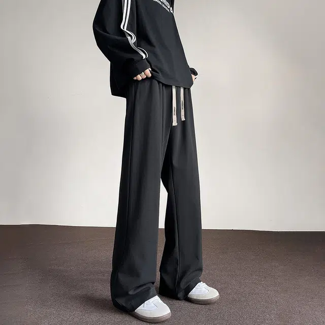 金贝勒 日系复古基础款简约纯色抽绳腰系带中腰宽松百搭垂感运动休闲裤 男女同款