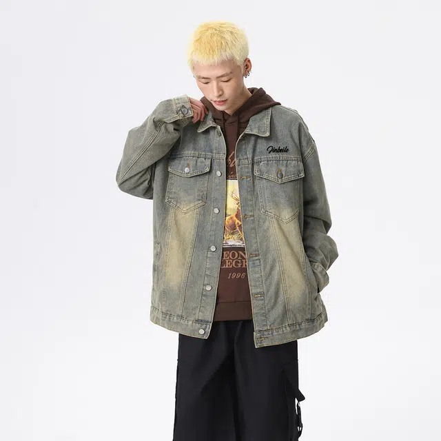 金贝勒 美式复古星芒玫瑰花卉字母印花水洗做旧翻领单排扣宽松百搭牛仔外套 通用