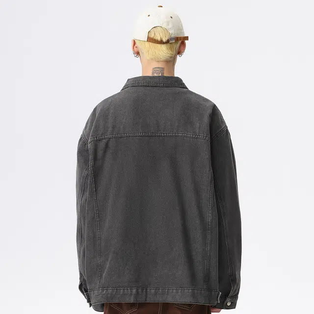 金贝勒 美式高街复古水洗做旧手绘植物花卉字母印花慵懒学院风潮流痞帅无性别主义宽松休闲百搭牛仔外套 男女同款