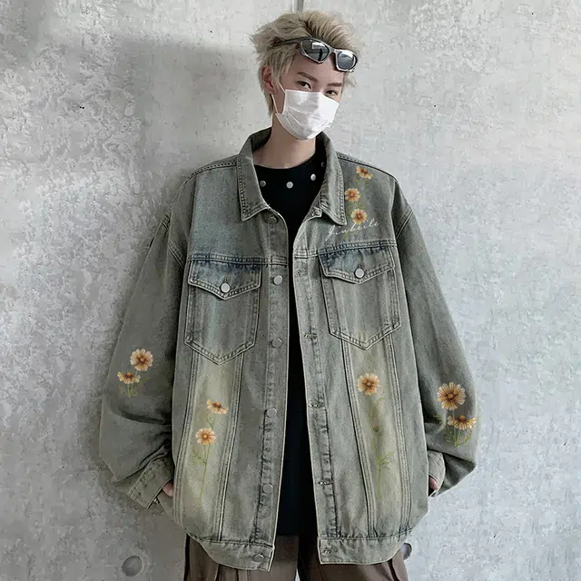 金贝勒 美式高街手绘仿刺绣植物花卉字母印花复古水洗做旧宽松潮流时尚痞帅翻领单排扣牛仔外套 男女同款