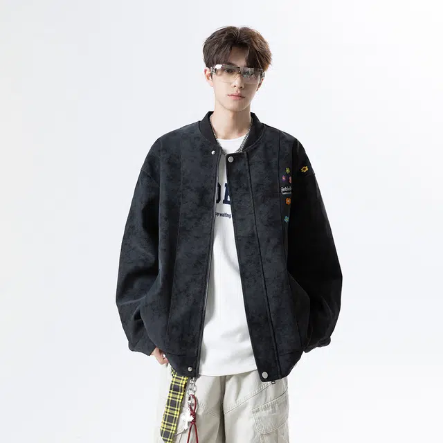 金贝勒 美式高街扎染复古设计感手绘仿刺绣小花字母印花棒球领外套潮流帅气秋装上衣基础款百搭拉链皮衣 男女同款