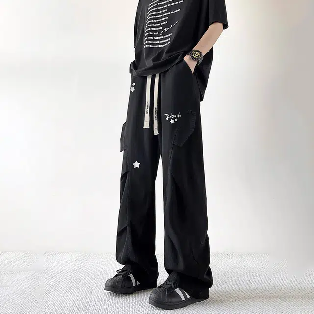 金贝勒 美式复古水洗做旧星星涂鸦字母印花系带宽松休闲百搭垂感牛仔裤 男女同款