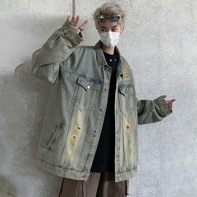 金贝勒 美式高街手绘仿刺绣植物花卉字母印花复古水洗做旧宽松潮流时尚痞帅翻领单排扣牛仔外套 男女同款