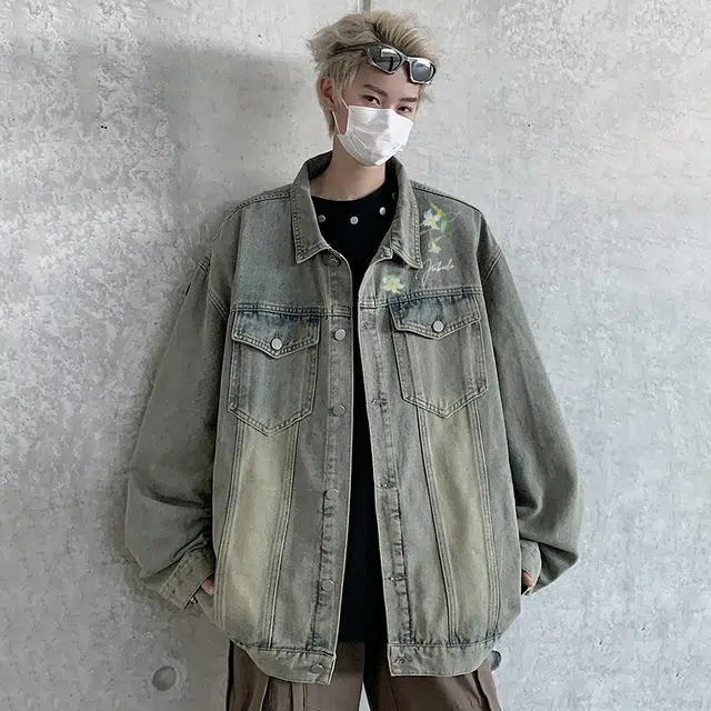 金贝勒 美式高街手绘刺绣植物花卉字母印花复古水洗做旧宽松潮流时尚痞帅慵懒学院翻领单排扣牛仔外套 男女同款