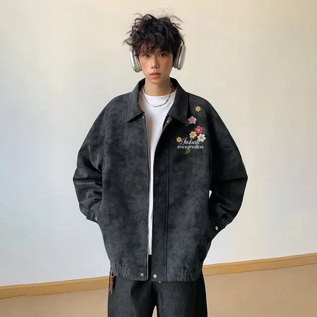 金贝勒 美式高街复古扎染手绘仿刺绣植物花卉字母印花美拉德机车皮外套痞帅潮流无性别主义宽松休闲百搭皮衣 男女同款