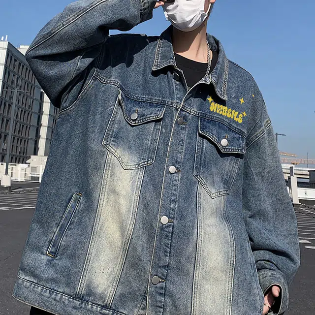 金贝勒 美式高街复古时尚嘻哈街头水洗做旧翻领单排扣夹克多口袋设计慵懒百搭宽松工装牛仔外套 男女同款
