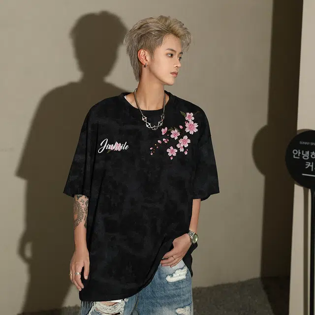 金贝勒 美式复古雾面扎染手绘植物花卉舒适百搭纯棉短袖水洗做旧系带松紧腰短裤休闲运动套装 男女同款