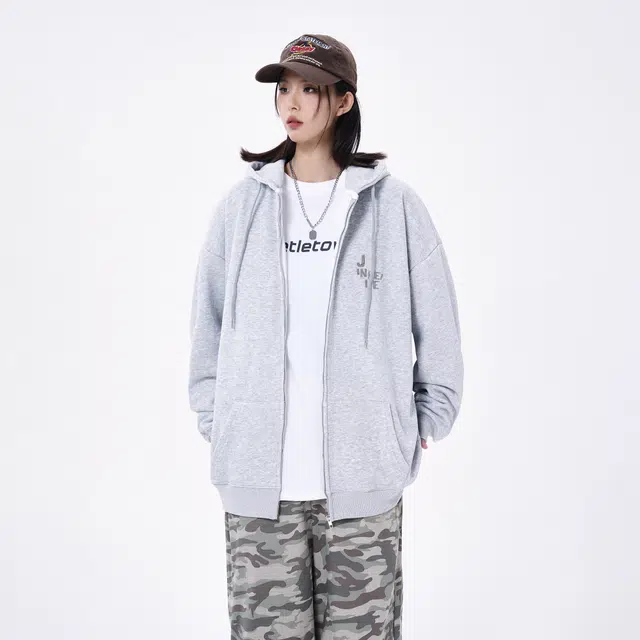 金贝勒 运动百搭休闲星星字母印花宽松落肩开衫拉链连帽卫衣 男女同款