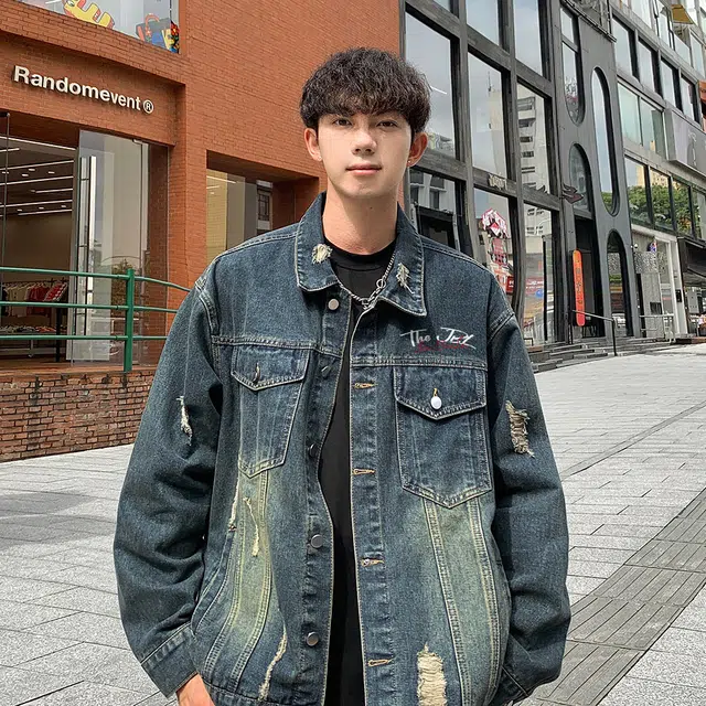 金贝勒 美式高街水洗做旧撞色字母印花痞帅破洞慵懒学院风工装夹克宽松休闲百搭翻领单排扣牛仔外套 男女同款