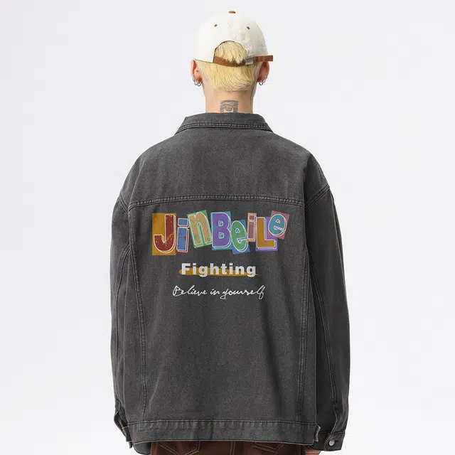 金贝勒 美式高街复古水洗做旧彩色字母印花慵懒学院风潮流痞帅无性别主义宽松休闲百搭牛仔外套 男女同款