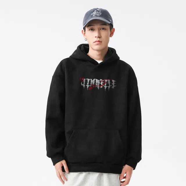 金贝勒 加绒加厚美式字母印花连帽宽松落肩套头休闲百搭长袖卫衣 男女同款