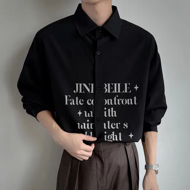 金贝勒 美式高街字母印花基础款简约纯色潮流时尚翻领衬衣经典无性别主义学院风长袖衬衫 男女同款