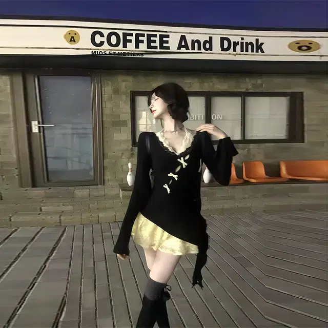 依钗 韩系小个子纯欲风针织罩衫蕾丝拼接连衣裙多种穿搭场合适用裙装套装 女款