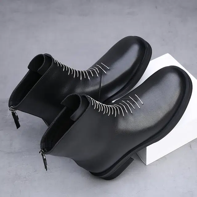 八哥 二层牛皮 复古 休闲百搭 潮流英伦 保暖 中筒 马丁靴 厚底 男款