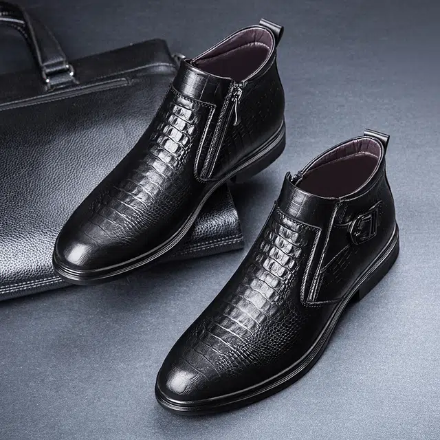 头层牛皮 经典商务时尚潮流加绒保暖鳄鱼纹皮面百搭显瘦增高 短靴 男款 黑色