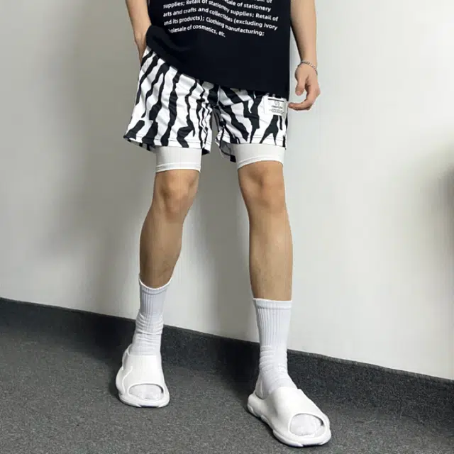 豹了个猫 斑马纹美式复古透气网眼夏季运动速干休闲短裤 男女同款