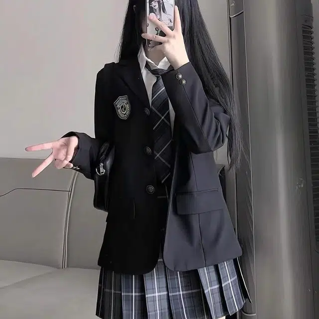 豹了个猫 学院风制服四件套毕业季经典格子百褶裙裙装套装 女款