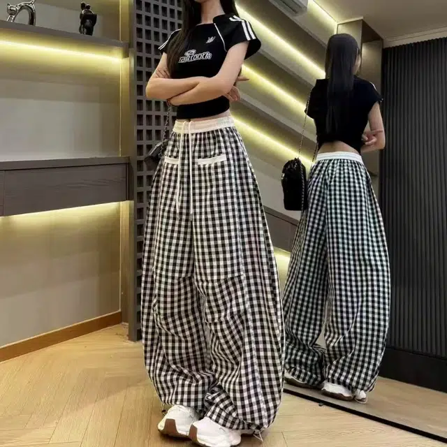 豹了个猫 显瘦阔腿垂感格子拼接通勤舒适宽松休闲裤 女款
