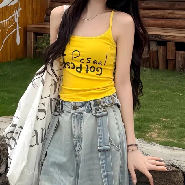 豹了个猫 美式复古辣妹多巴胺字母修身显瘦美背吊带 女款