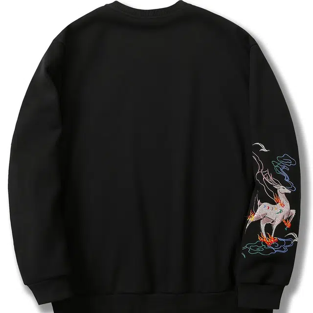 大白鲨 中国风刺绣不加绒国潮原创九色鹿圆领宽松适中卫衣 男款 黑色