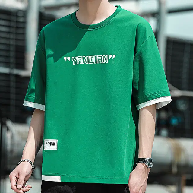大白鲨 潮流冰丝感速干假两件短袖青少年一套衣服搭配休闲运动套装 男款